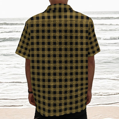Dark Tan And Black Check Pattern Print Textured Short Sleeve Shirt