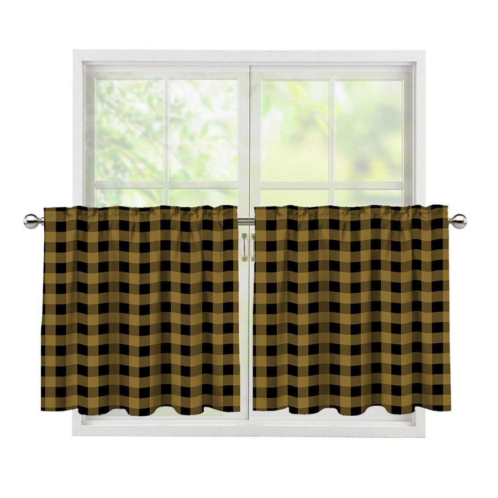 Dark Tan And Black Check Pattern Print Tier Curtains