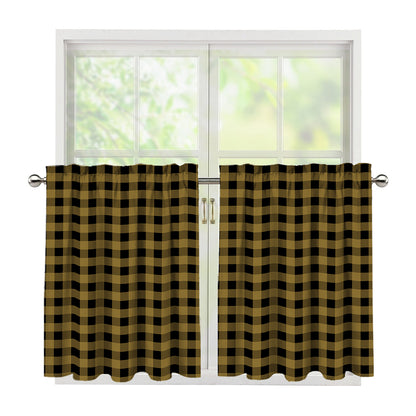 Dark Tan And Black Check Pattern Print Tier Curtains