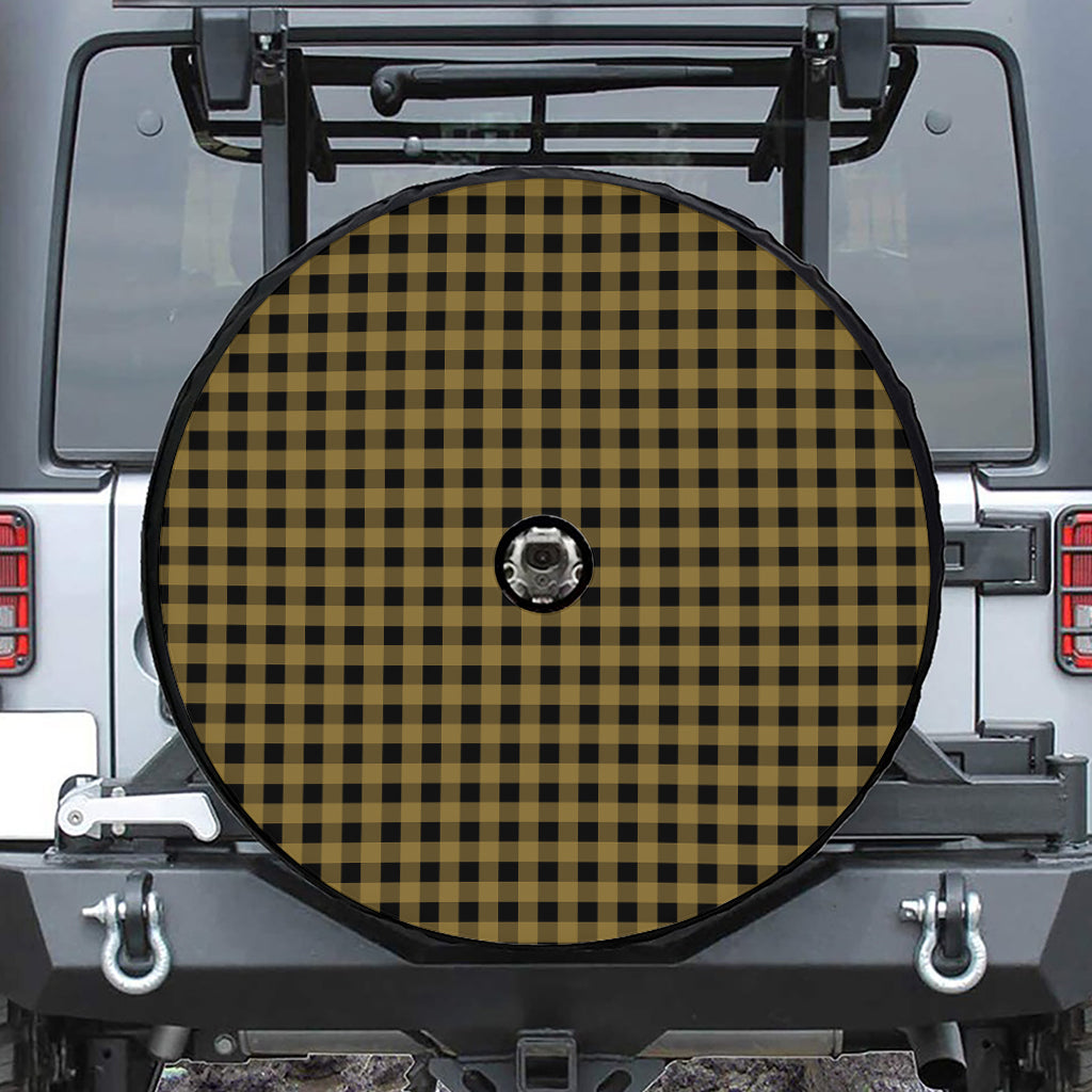 Dark Tan And Black Check Pattern Print Tire Cover With Camera Hole