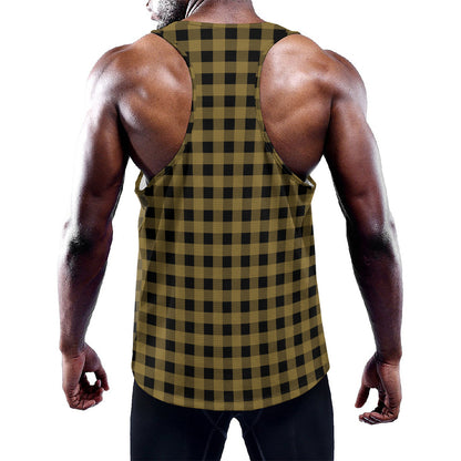 Dark Tan And Black Check Pattern Print Training Tank Top
