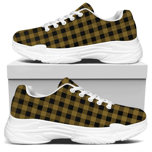 Dark Tan And Black Check Pattern Print White Chunky Shoes