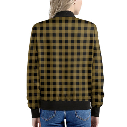 Dark Tan And Black Check Pattern Print Women's Bomber Jacket