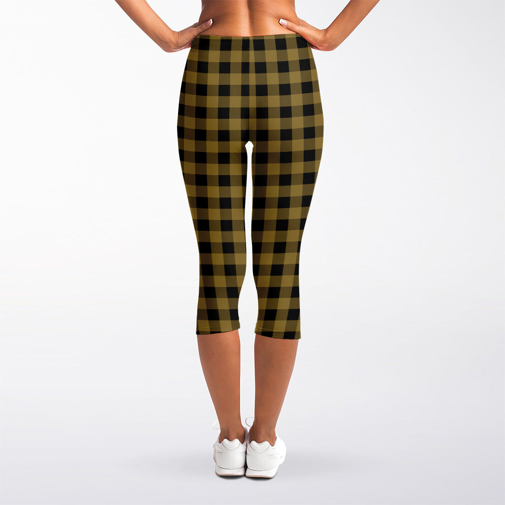 Dark Tan And Black Check Pattern Print Women's Capri Leggings