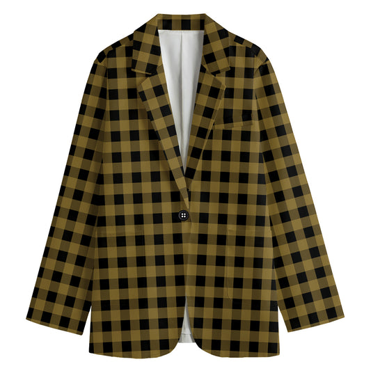 Dark Tan And Black Check Pattern Print Women's Cotton Blazer