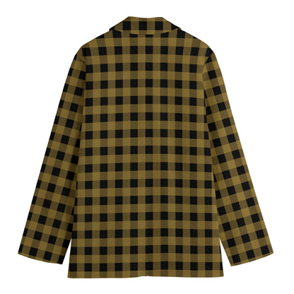 Dark Tan And Black Check Pattern Print Women's Cotton Blazer