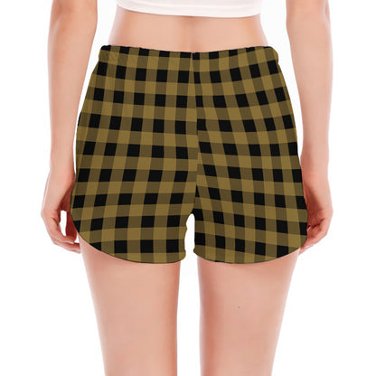 Dark Tan And Black Check Pattern Print Women's Split Running Shorts