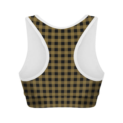 Dark Tan And Black Check Pattern Print Women's Sports Bra