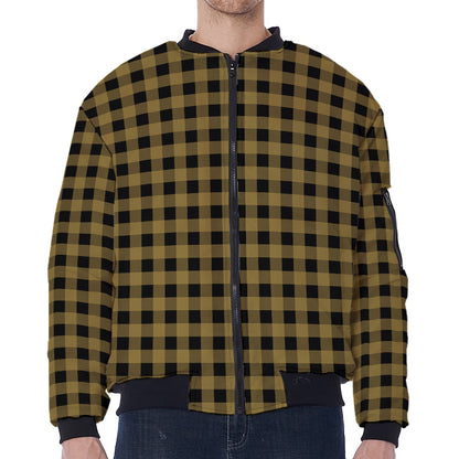 Dark Tan And Black Check Pattern Print Zip Sleeve Bomber Jacket