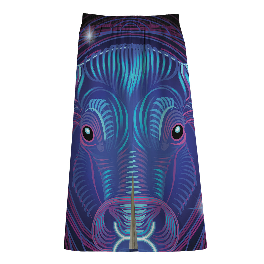 Dark Taurus Zodiac Sign Print Cotton Front Slit Maxi Skirt