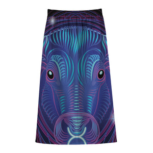 Dark Taurus Zodiac Sign Print Cotton Front Slit Maxi Skirt