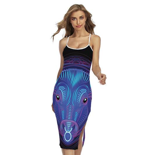 Dark Taurus Zodiac Sign Print Cross Back Cami Dress