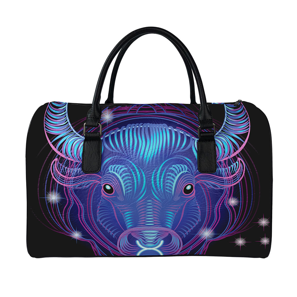 Dark Taurus Zodiac Sign Print Leather Duffle Bag