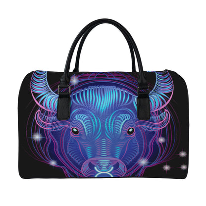 Dark Taurus Zodiac Sign Print Leather Duffle Bag