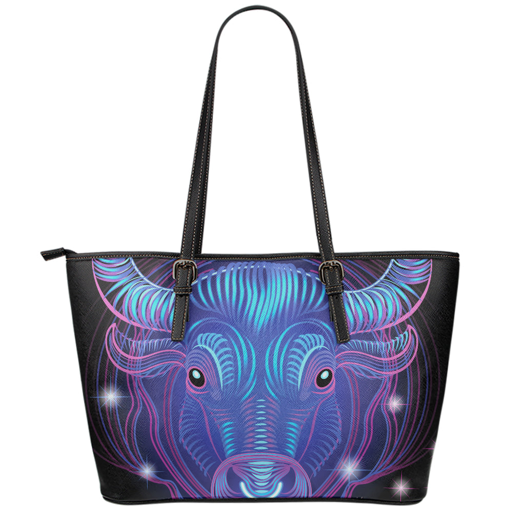 Dark Taurus Zodiac Sign Print Leather Tote Bag