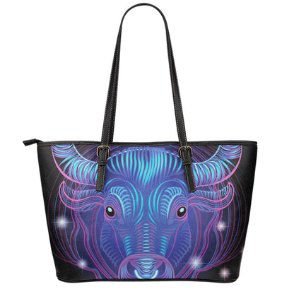 Dark Taurus Zodiac Sign Print Leather Tote Bag