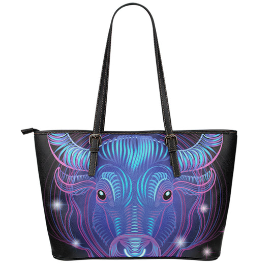 Dark Taurus Zodiac Sign Print Leather Tote Bag