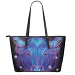 Dark Taurus Zodiac Sign Print Leather Tote Bag