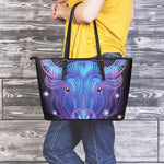 Dark Taurus Zodiac Sign Print Leather Tote Bag
