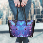 Dark Taurus Zodiac Sign Print Leather Tote Bag
