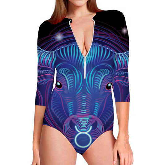 Dark Taurus Zodiac Sign Print Long Sleeve Swimsuit