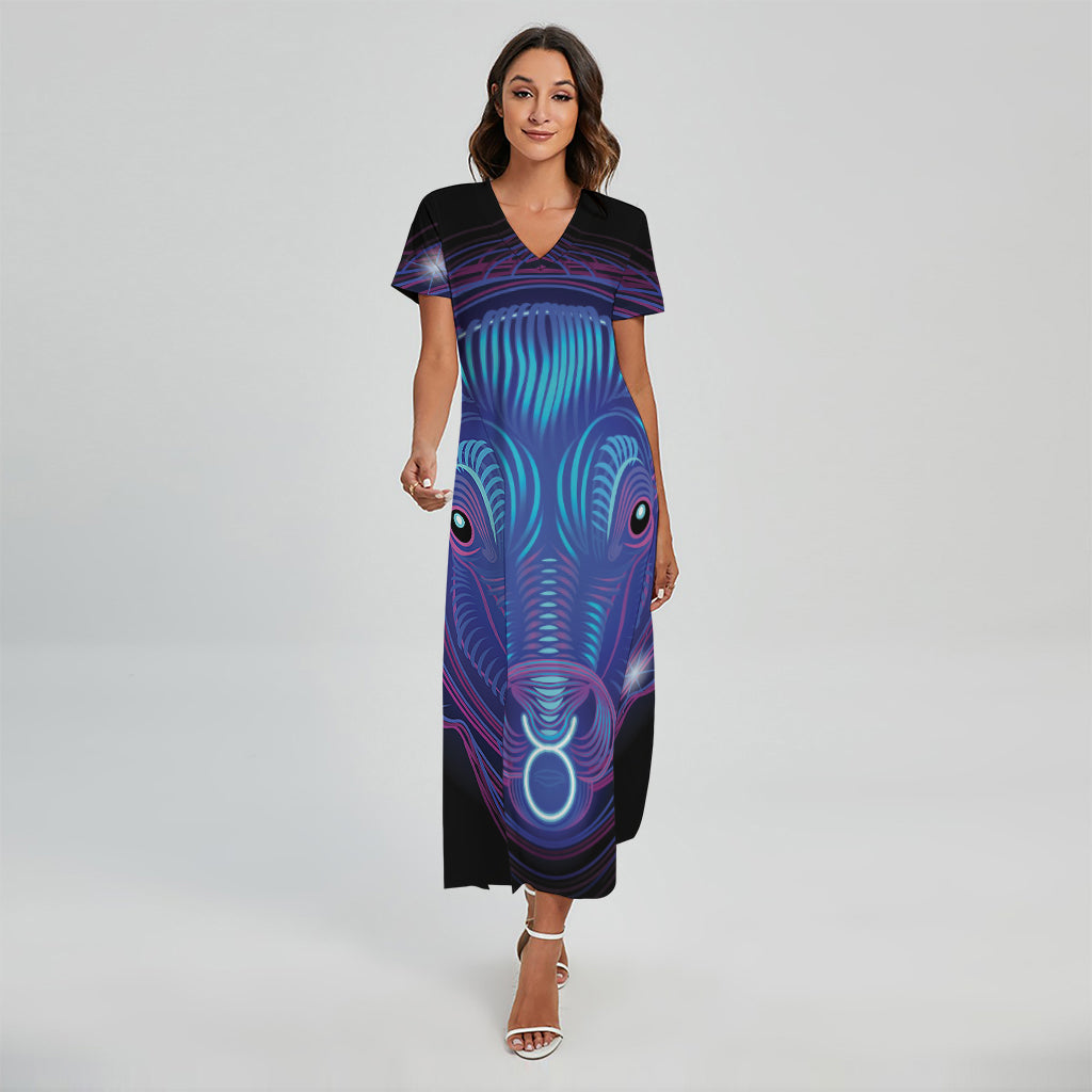 Dark Taurus Zodiac Sign Print Short Sleeve Maxi Dress