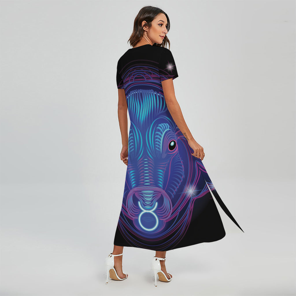 Dark Taurus Zodiac Sign Print Short Sleeve Maxi Dress