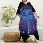 Dark Taurus Zodiac Sign Print Silk V-Neck Kaftan Dress