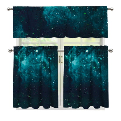 Dark Teal Galaxy Space Print 3 Piece Kitchen Curtains