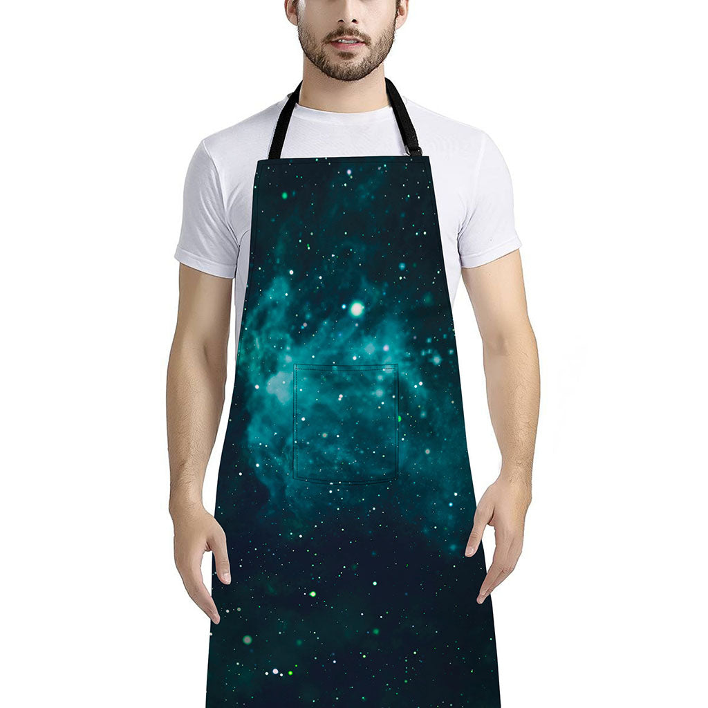 Dark Teal Galaxy Space Print Bib Apron With Pocket