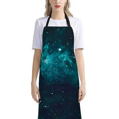 Dark Teal Galaxy Space Print Bib Apron With Pocket