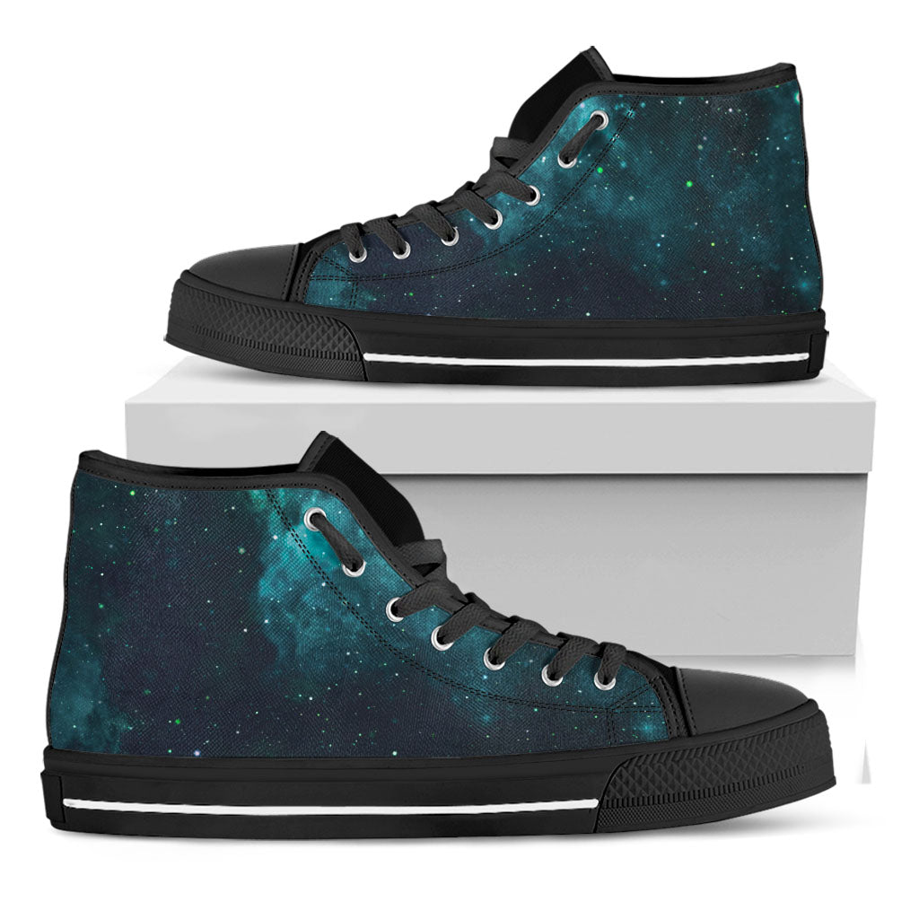 Dark Teal Galaxy Space Print Black High Top Sneakers