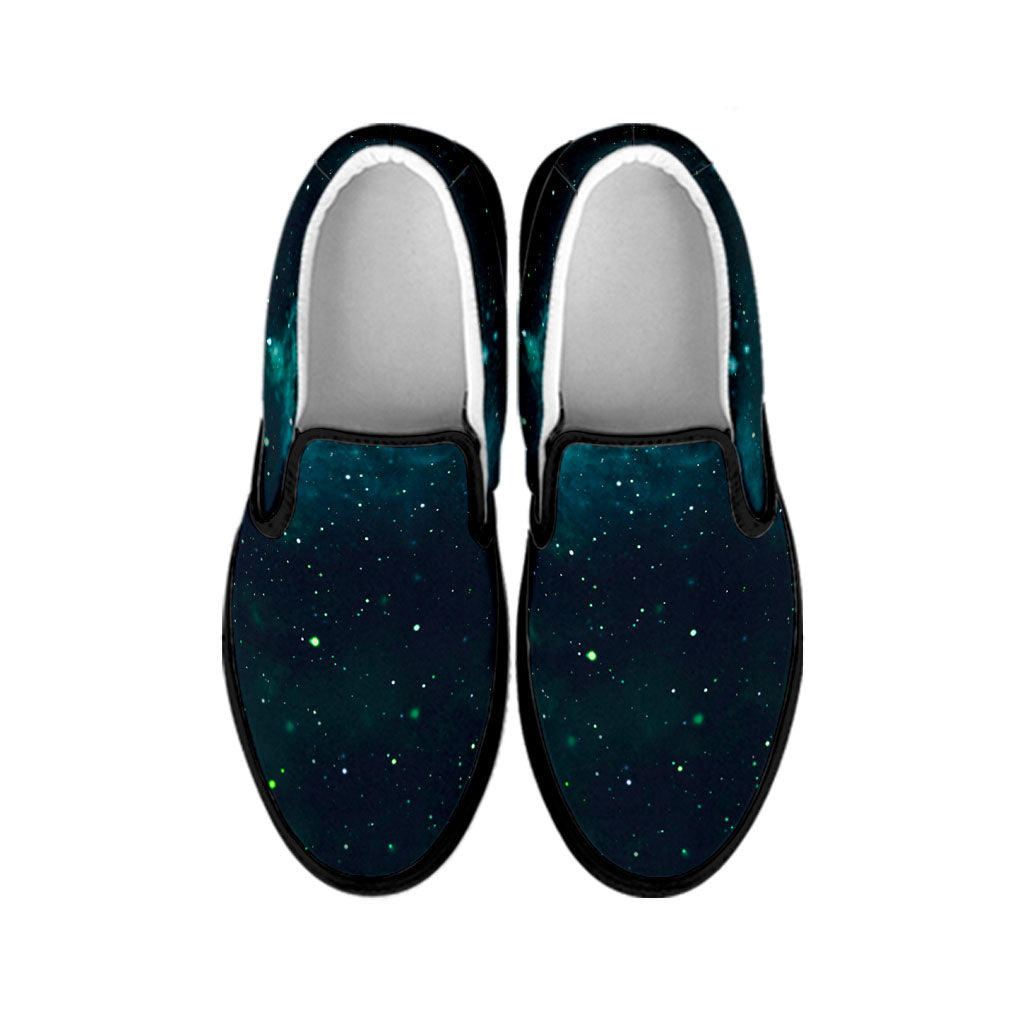 Dark Teal Galaxy Space Print Black Slip On Sneakers