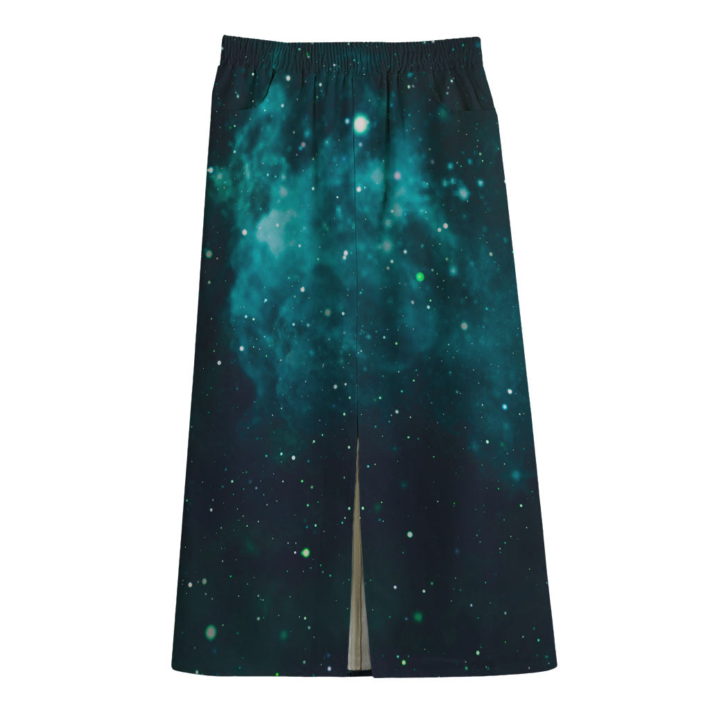 Dark Teal Galaxy Space Print Cotton Front Slit Maxi Skirt