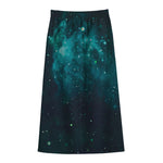 Dark Teal Galaxy Space Print Cotton Front Slit Maxi Skirt