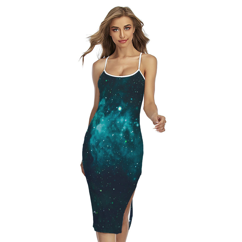Dark Teal Galaxy Space Print Cross Back Cami Dress