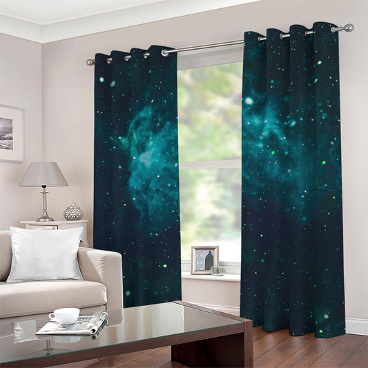 Dark Teal Galaxy Space Print Grommet Curtains