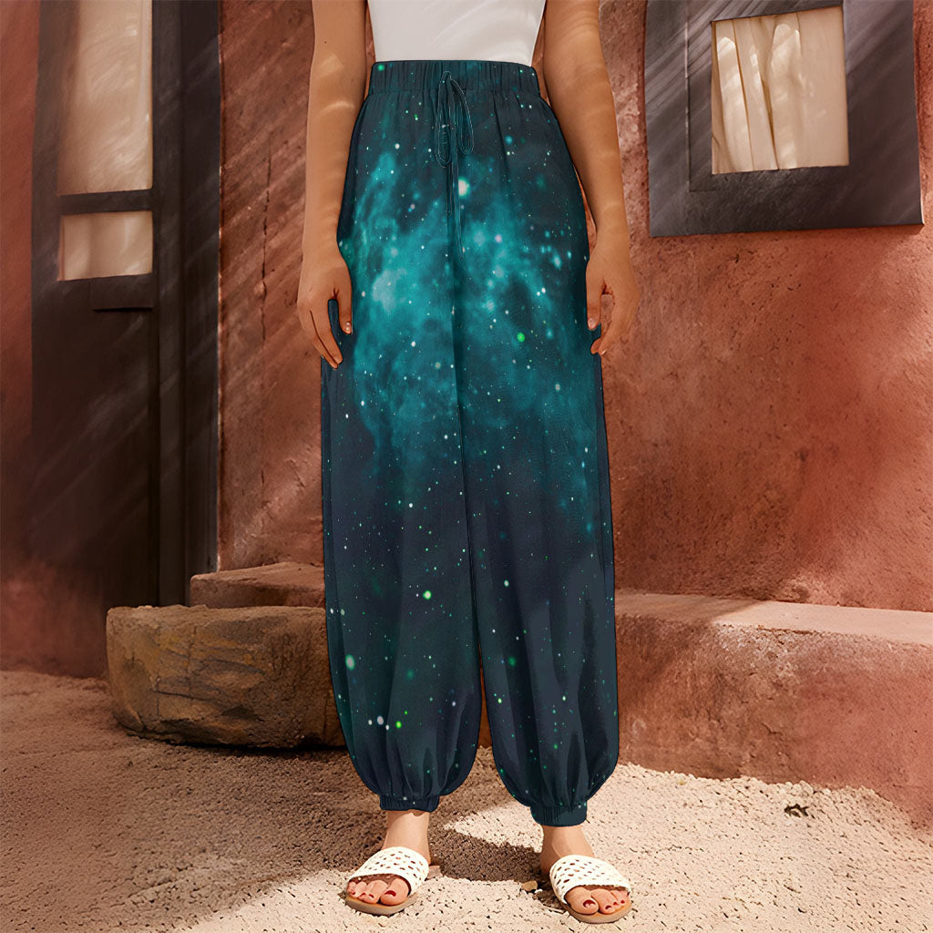 Dark Teal Galaxy Space Print Harem Pants