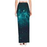 Dark Teal Galaxy Space Print High Slit Maxi Skirt