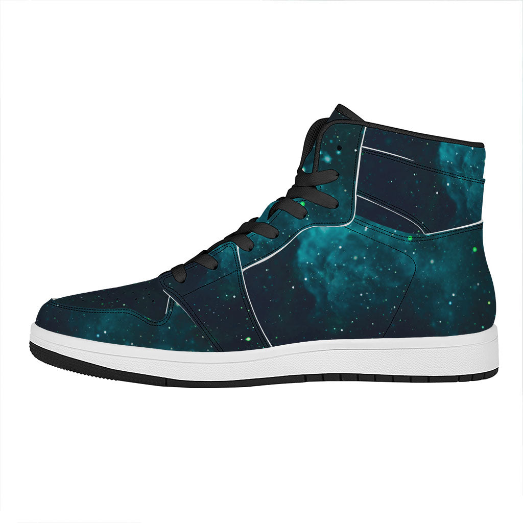 Dark Teal Galaxy Space Print High Top Leather Sneakers