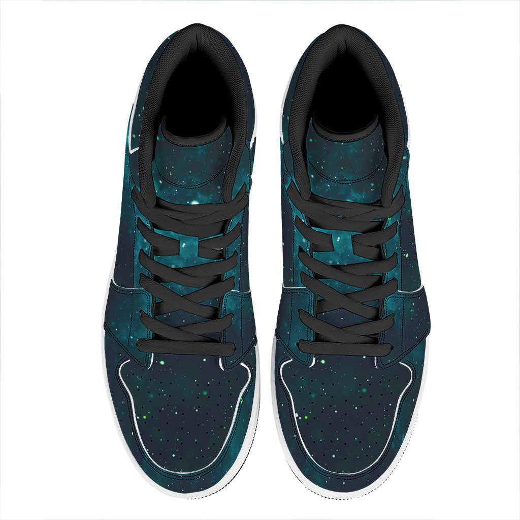 Dark Teal Galaxy Space Print High Top Leather Sneakers