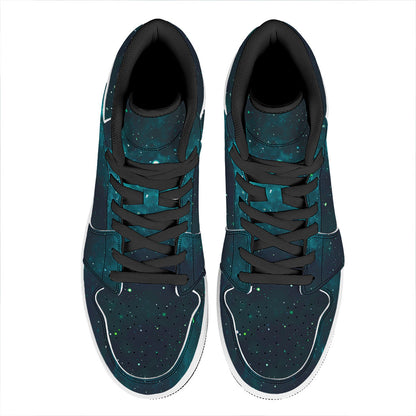 Dark Teal Galaxy Space Print High Top Leather Sneakers