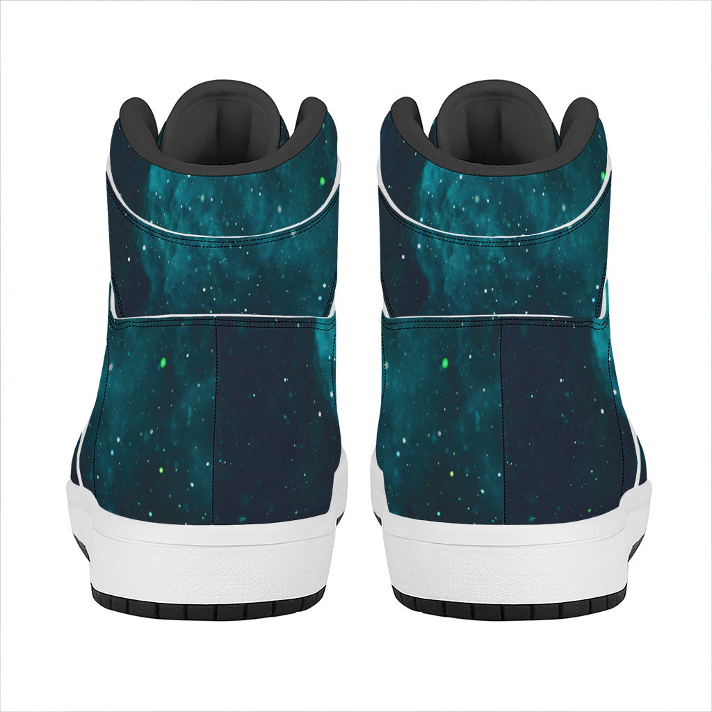 Dark Teal Galaxy Space Print High Top Leather Sneakers
