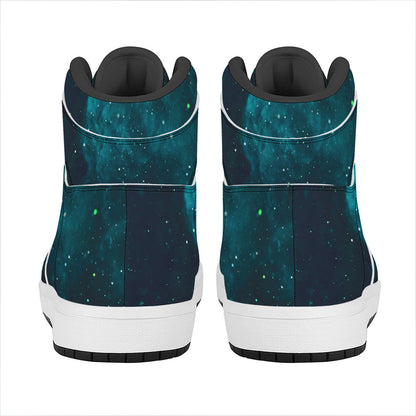 Dark Teal Galaxy Space Print High Top Leather Sneakers