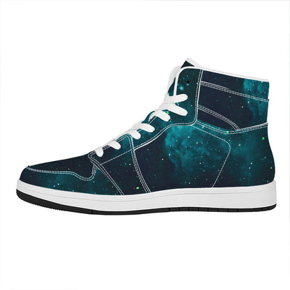 Dark Teal Galaxy Space Print High Top Leather Sneakers