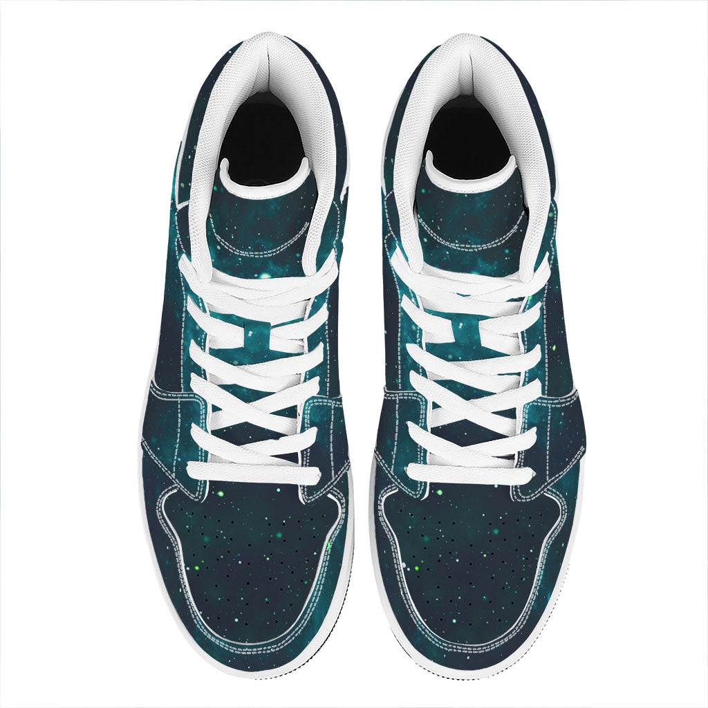 Dark Teal Galaxy Space Print High Top Leather Sneakers
