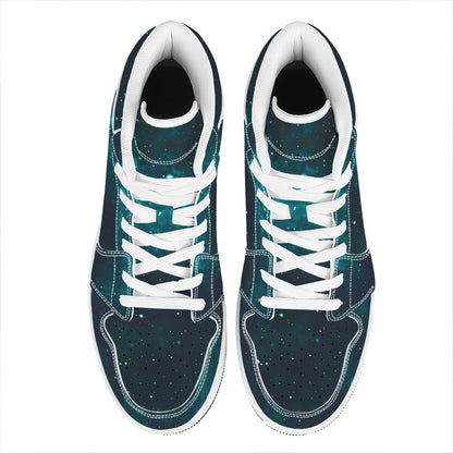 Dark Teal Galaxy Space Print High Top Leather Sneakers