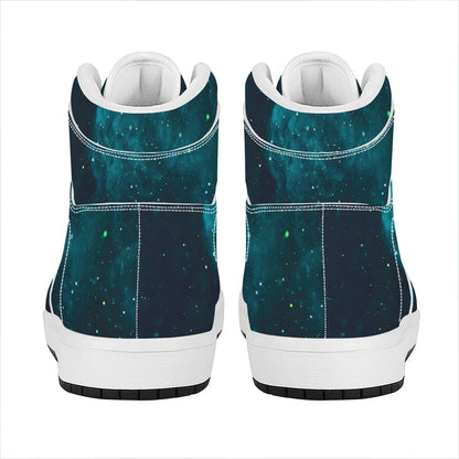 Dark Teal Galaxy Space Print High Top Leather Sneakers