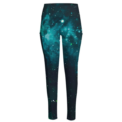 Dark Teal Galaxy Space Print High-Waisted Pocket Leggings