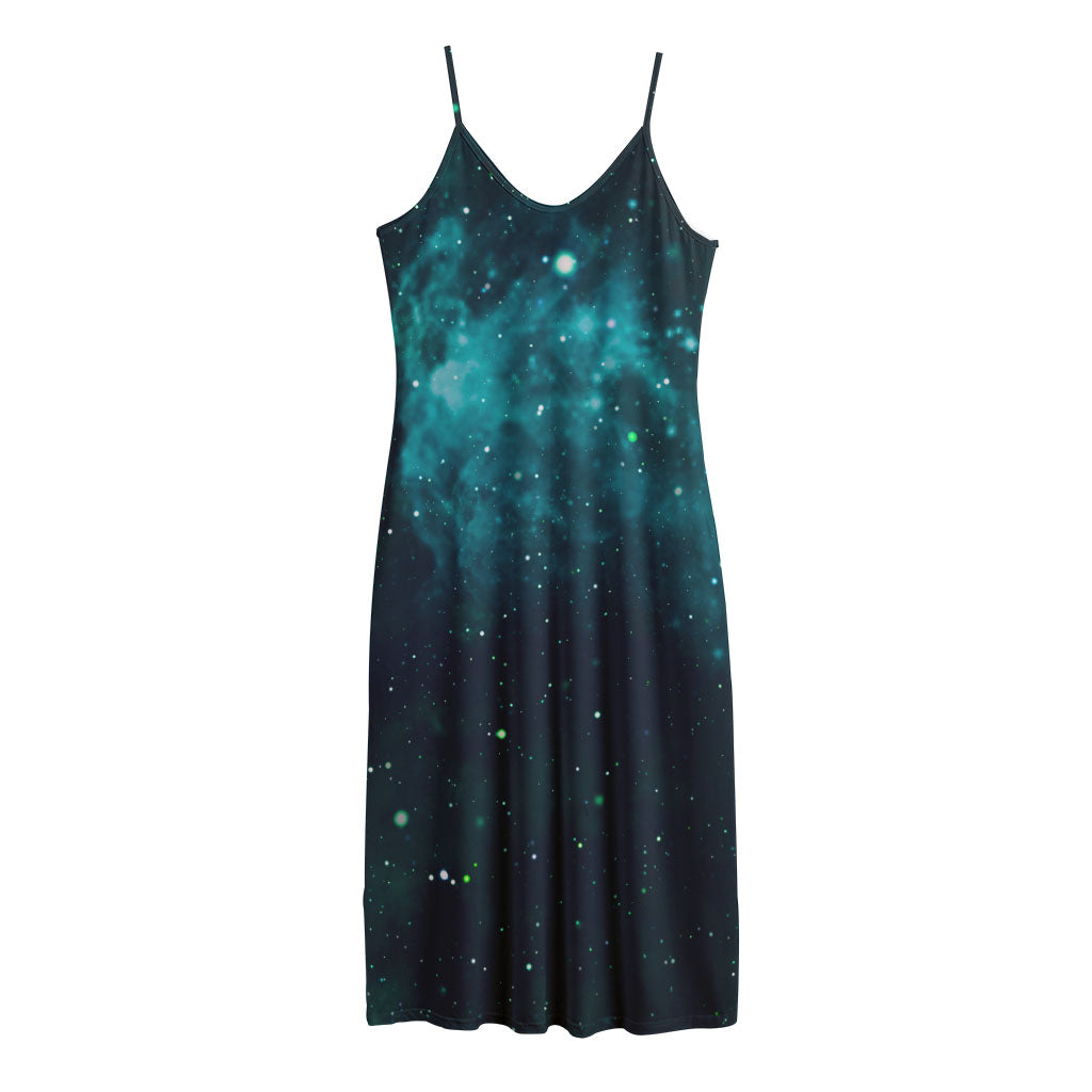 Dark Teal Galaxy Space Print Jersey Midi Cami Dress